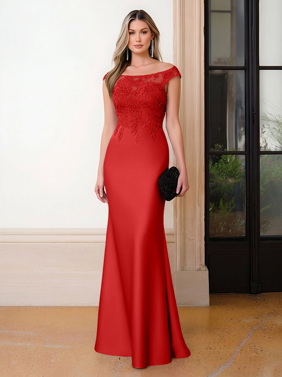 Scoop Neck Satin Corset Lace Appliques Evening Dresses