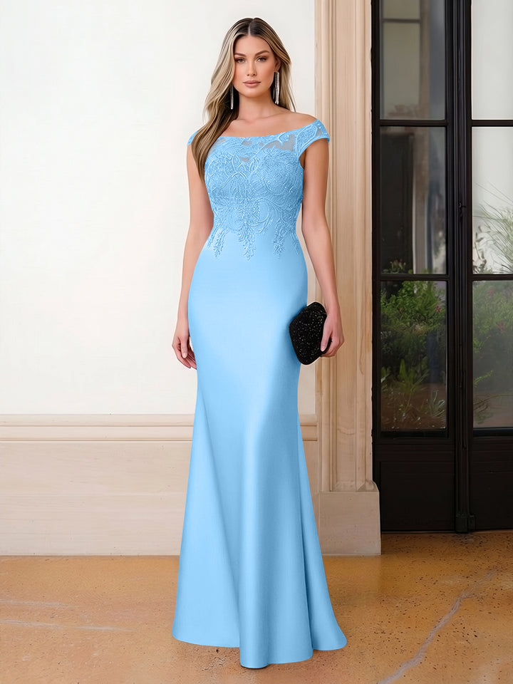 Scoop Neck Satin Corset Lace Appliques Evening Dresses