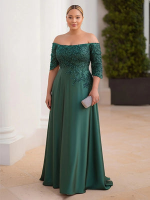Satin Lace Appliques Long Sleeves Evening Dresses