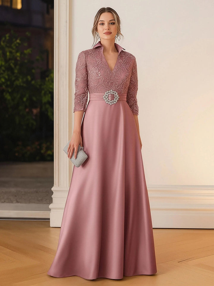 Satin Lace Appliques V Neck Long Sleeves Mother of the Bride Dresses