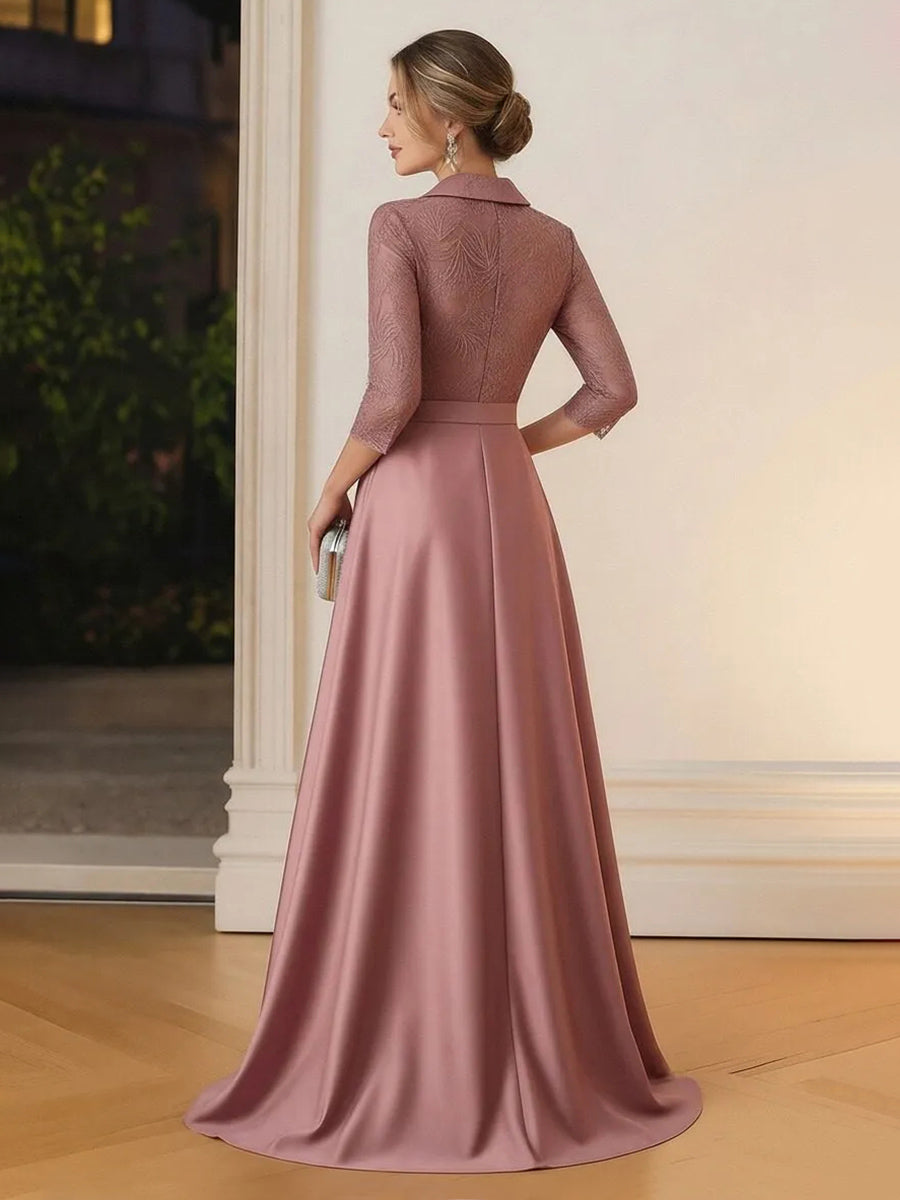 Satin Lace Appliques V Neck Long Sleeves Mother of the Bride Dresses