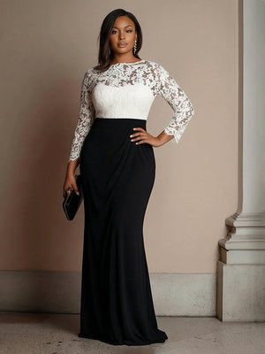 Scoop Neck Long Sleeves Satin Lace Appliques Evening Dresses