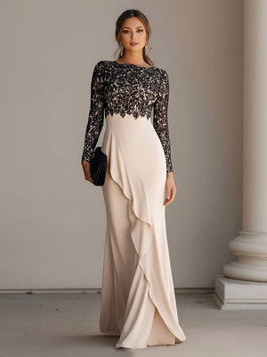 Scoop Neck Long Sleeves Chiffon Lace Appliques Formal Dresses