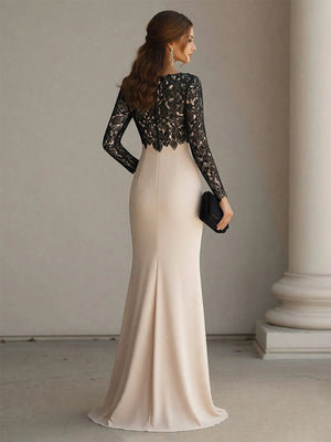 Scoop Neck Long Sleeves Chiffon Lace Appliques Formal Dresses