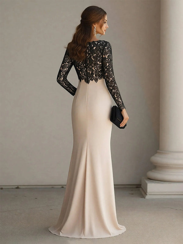 Scoop Neck Long Sleeves Chiffon Lace Appliques Formal Dresses