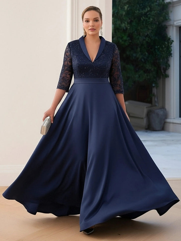 Satin Long Sleeves Lace Appliques V Neck Mother of the Bride Dresses