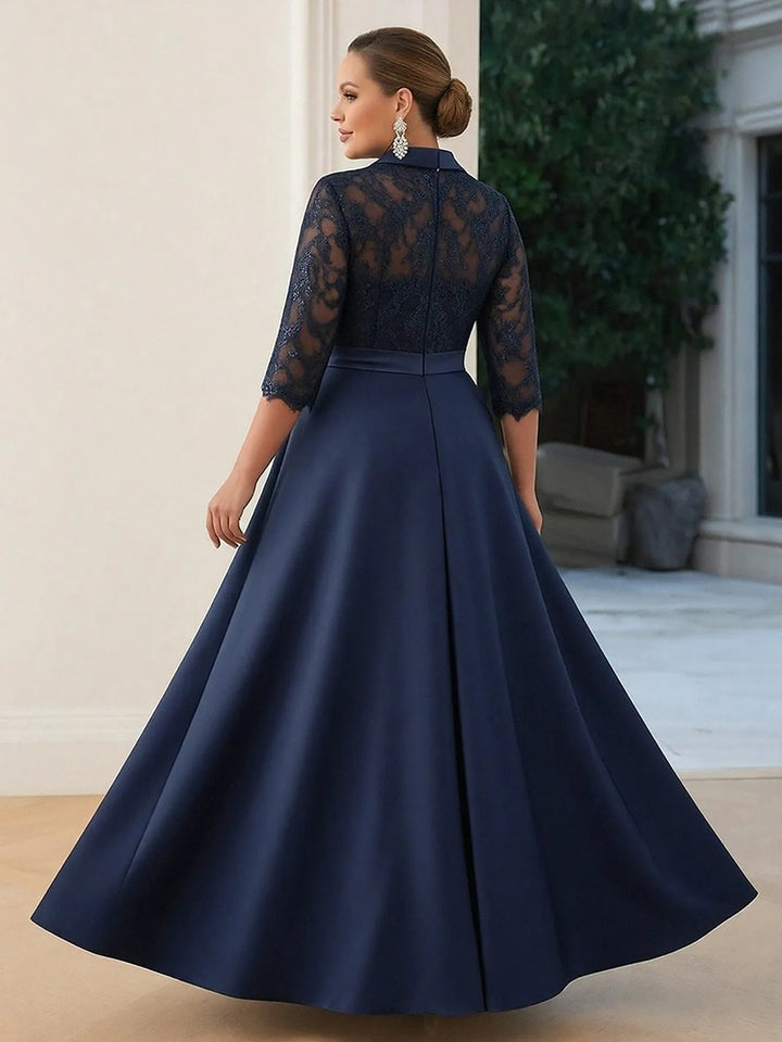 Satin Long Sleeves Lace Appliques V Neck Mother of the Bride Dresses
