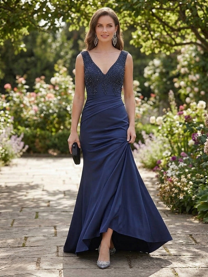 V Neck Lace Appliques Ruched Formal Dresses