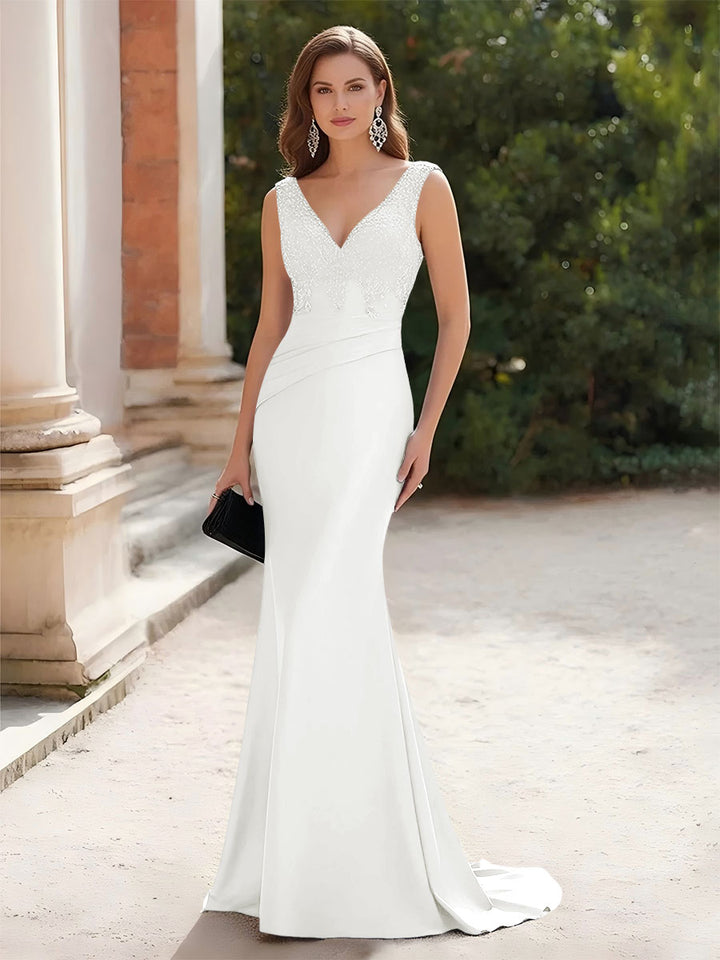 V Neck Lace Appliques Ruched Formal Dresses