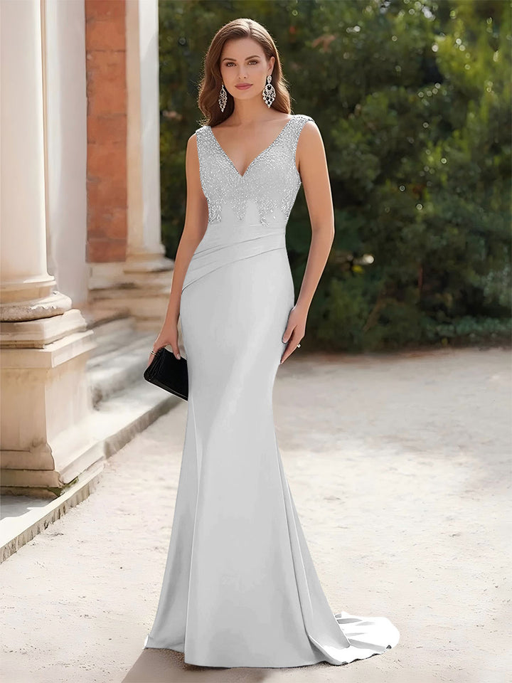 V Neck Lace Appliques Ruched Formal Dresses