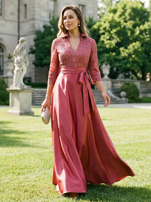 Satin Long Sleeves Lace Appliques V Neck Mother of the Bride Dresses
