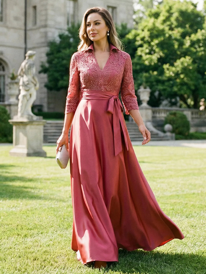 Satin Long Sleeves Lace Appliques V Neck Mother of the Bride Dresses