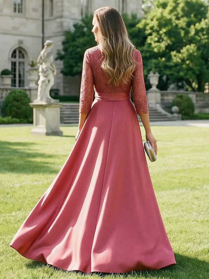 Satin Long Sleeves Lace Appliques V Neck Mother of the Bride Dresses