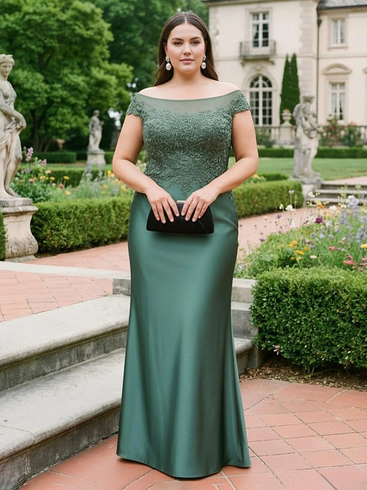 Satin Lace Appliques Scoop Neck Mother of the Bride Dresses