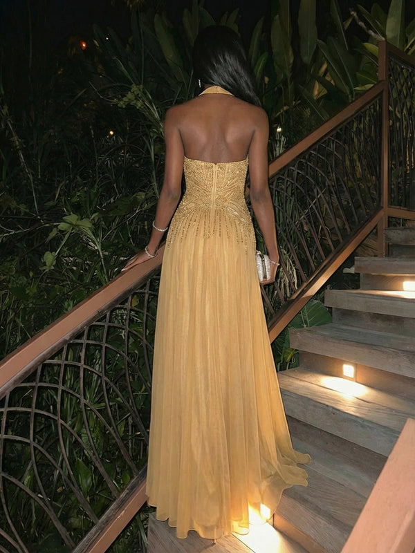 Halter A Line Sleeveless Pleated Evening Dresses with Sequins