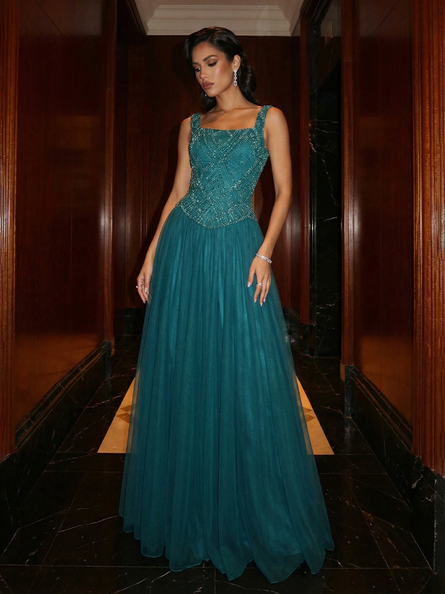 A Line Square Neck Beaded Elegant Evening Dresses with Pleats