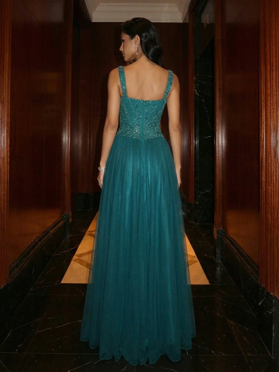 A Line Square Neck Beaded Elegant Evening Dresses with Pleats