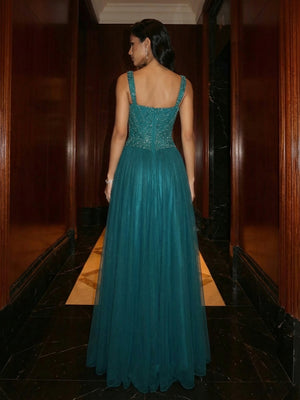 A Line Square Neck Beaded Elegant Evening Dresses with Pleats