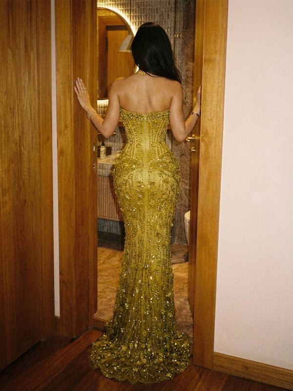 Mermaid Strapless Corset Sequined Evening Dresses with Beadings