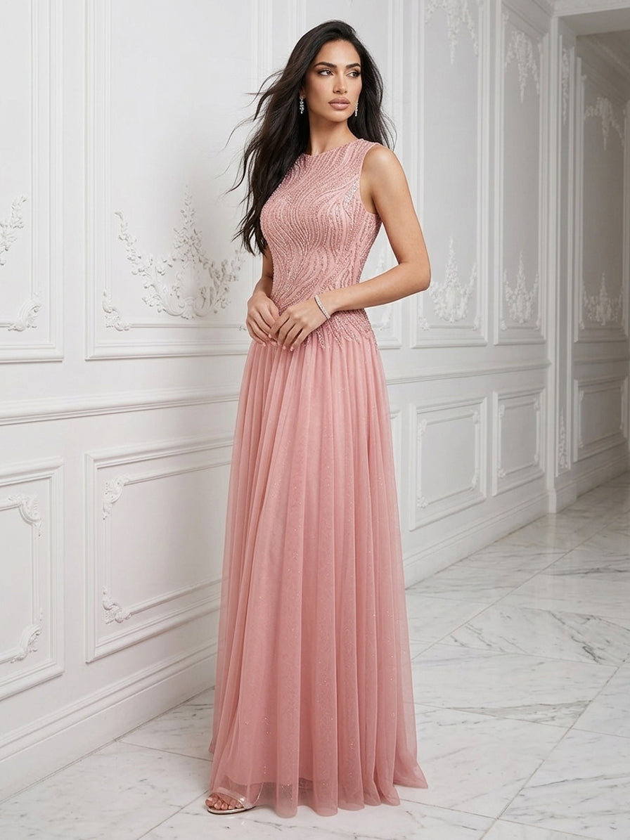 Scoop Neck Sequined Corset Evening Dresses with Pleats