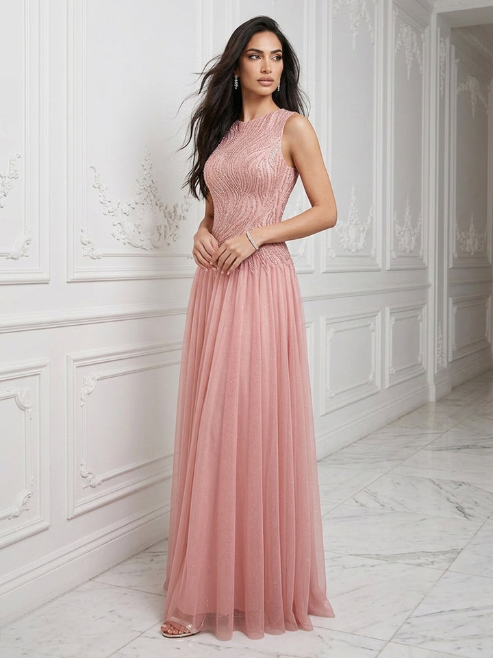 Scoop Neck Sequined Corset Evening Dresses with Pleats