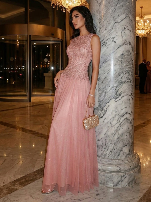 Scoop Neck Sequined Corset Evening Dresses with Pleats