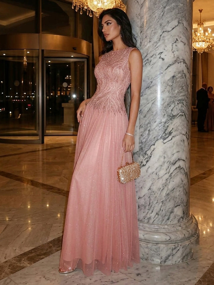 Scoop Neck Sequined Corset Evening Dresses with Pleats