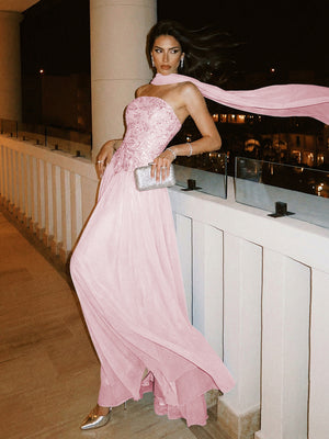 Strapless A Line Sequin Evening Dresses with Scarf