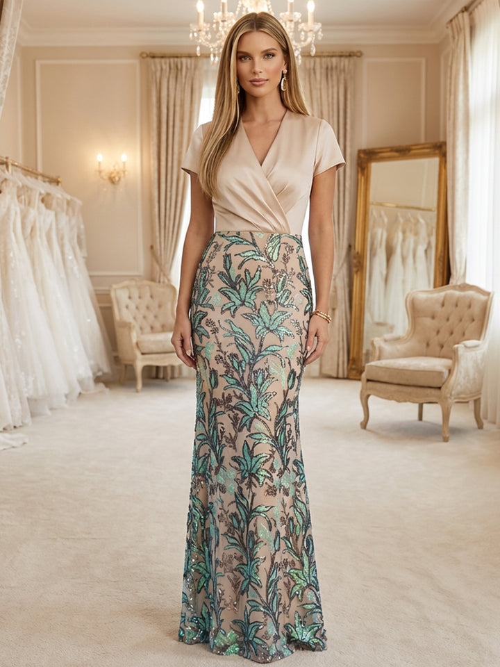 Sequin Embroidery Mermaid V Neck Floor Length Formal Dresses