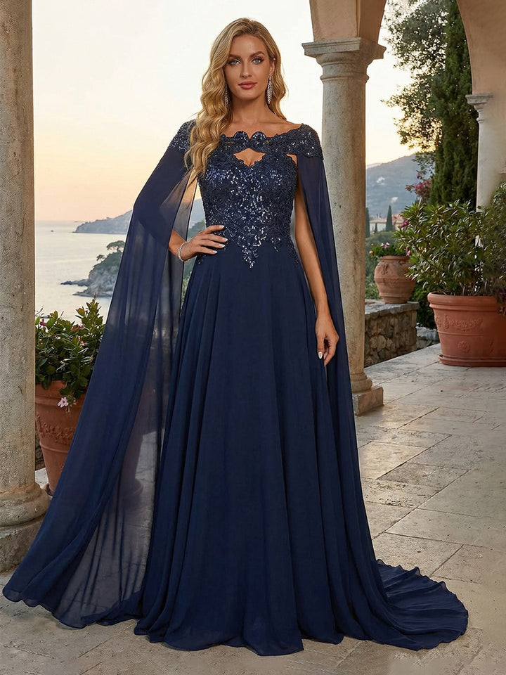 Chiffon Sweetheart Cut Out Lace Appliques Evening Dresses with Cape Sleeves