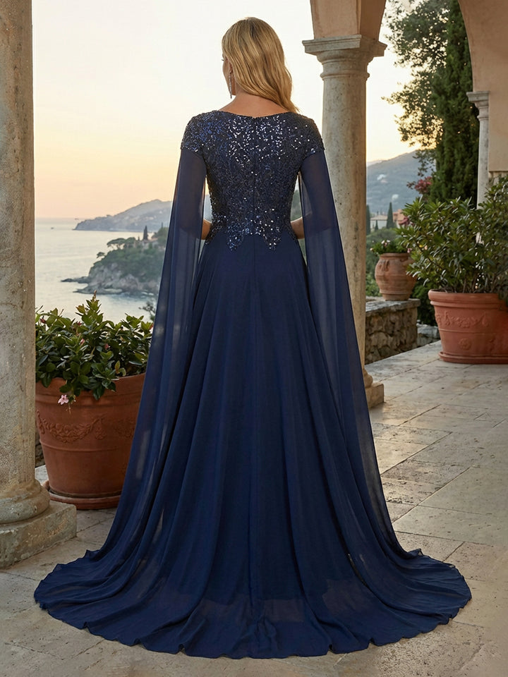 Chiffon Sweetheart Cut Out Lace Appliques Evening Dresses with Cape Sleeves