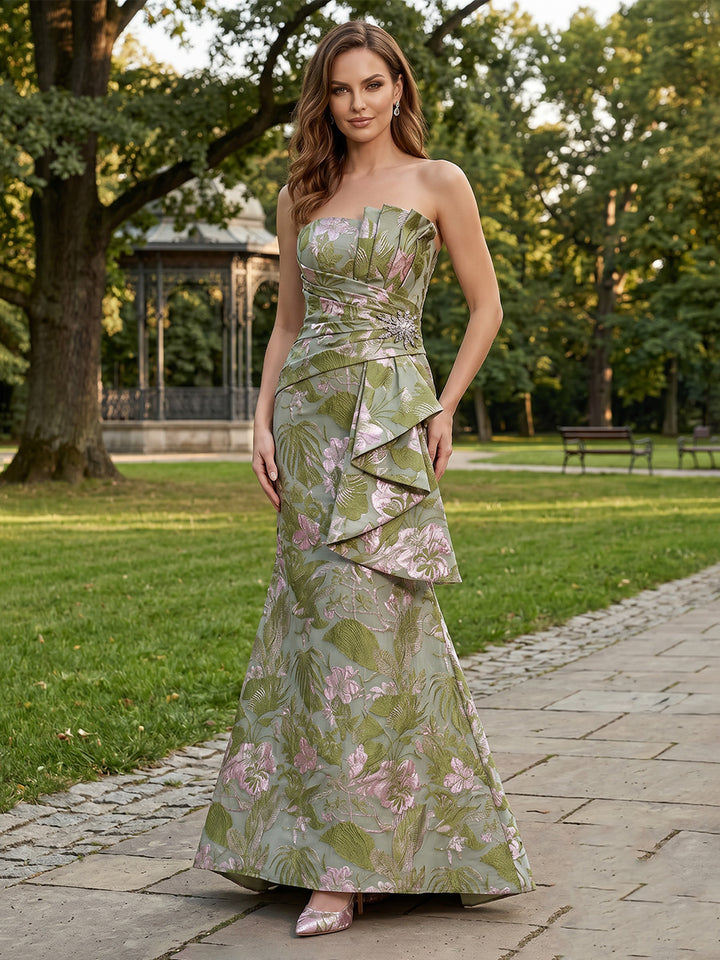 Jacquard Mermaid Strapless Ruffles Floor Length Mother of the Bride Dresses