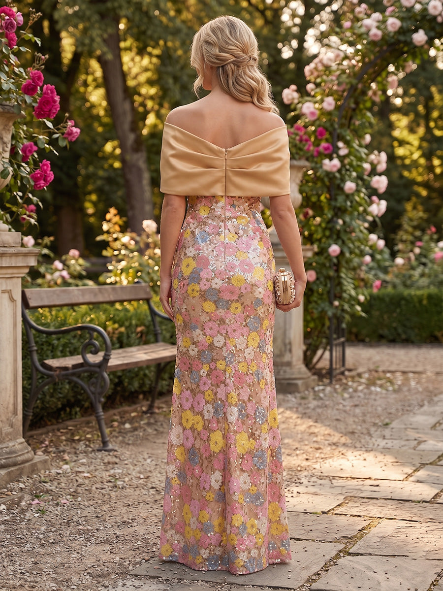 Floral Sequin Sheath Strapless Floor Length Evening Dresses with Slit