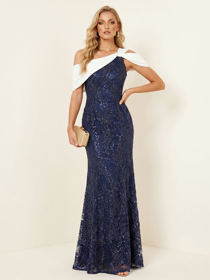 Lace Appliques Bicolor Mermaid One Shoulder Evening Dresses