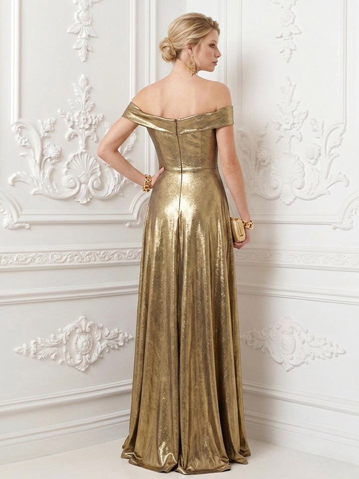 Metallic Satin A Line Off the Shoulder Pleats Evening Dresses