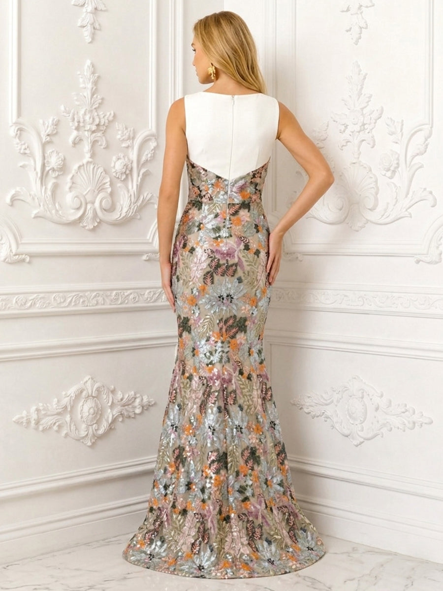 Sequin Floral Mermaid Scoop Neck Corset Ruched Evening Dresses