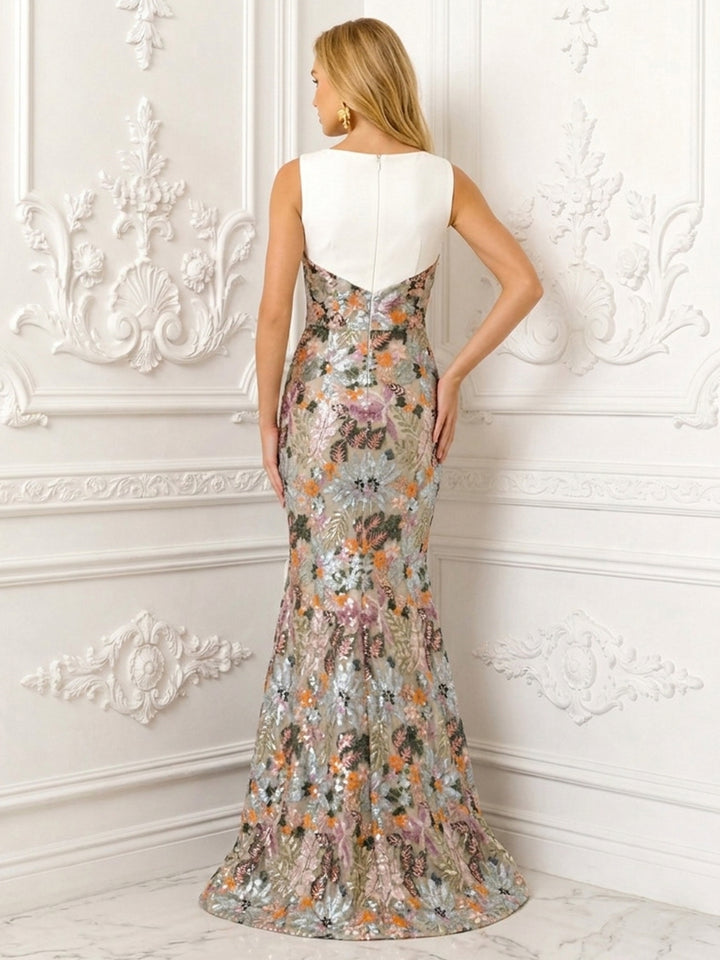 Sequin Floral Mermaid Scoop Neck Corset Ruched Evening Dresses