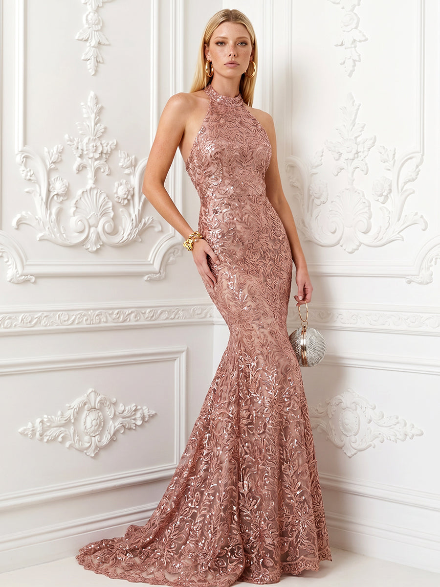 Sequin Floral Mermaid High Neck Evening Dresses with Sweep Train