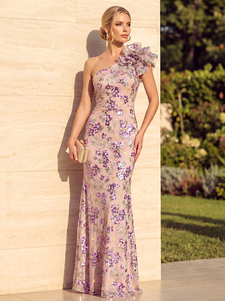 Sequin Floral Mermaid One Shoulder 3D Flowers Ruched Evening Dresses