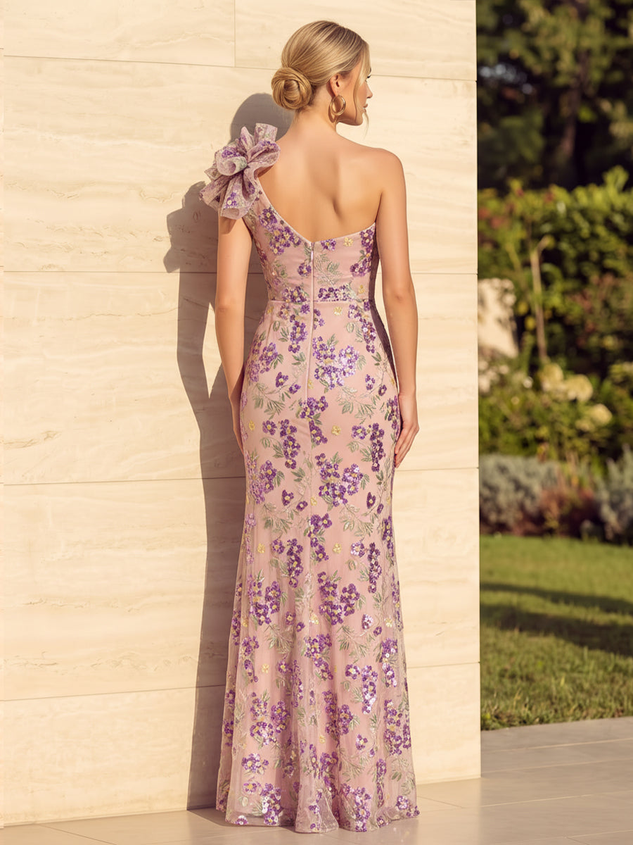 Sequin Floral Mermaid One Shoulder 3D Flowers Ruched Evening Dresses