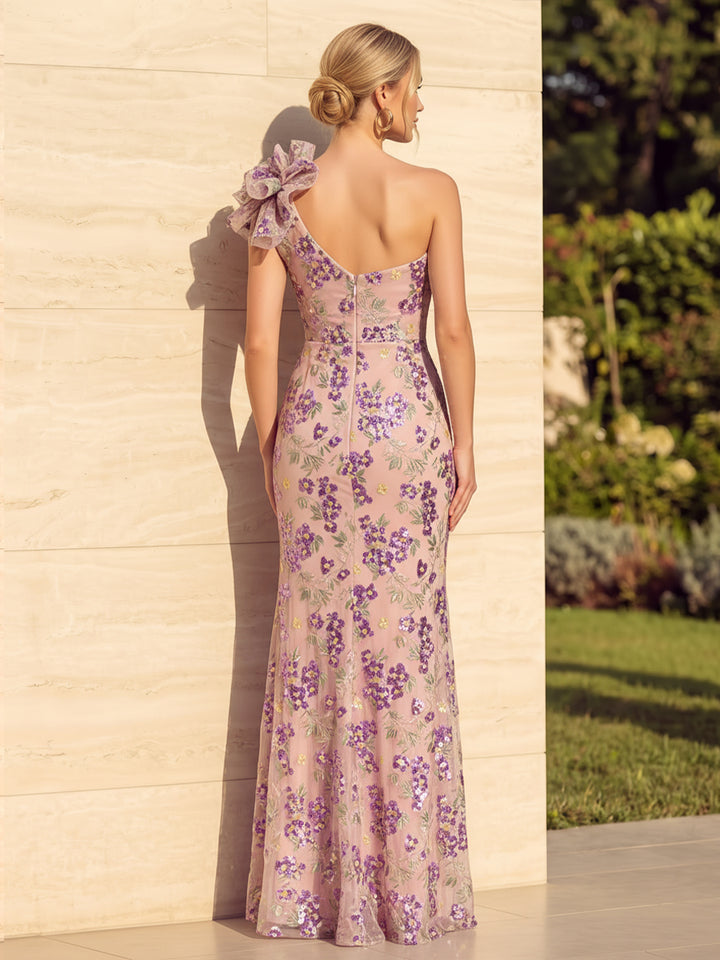 Sequin Floral Mermaid One Shoulder 3D Flowers Ruched Evening Dresses