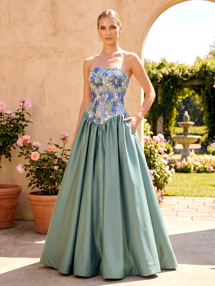 Satin Floral Embroidery A Line Strapless Pleats Evening Dresses with Pockets