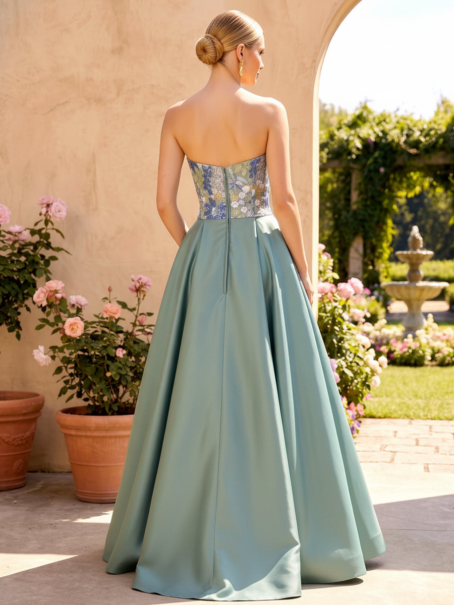 Satin Floral Embroidery A Line Strapless Pleats Evening Dresses with Pockets