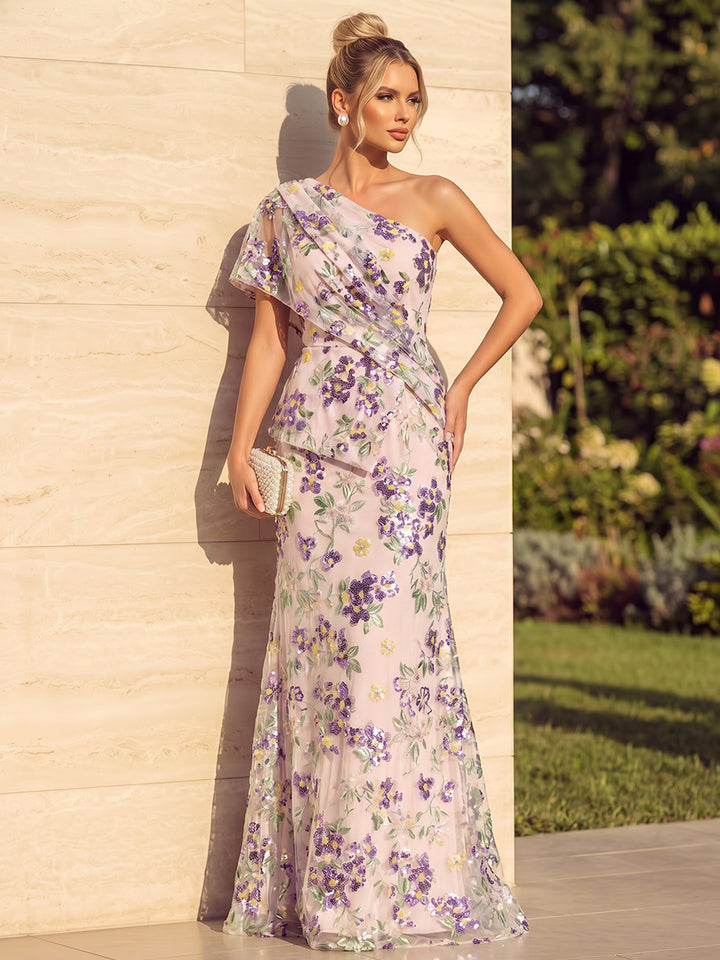 Sequin Floral Sheath One Shoulder Ruched Pleats Formal Dresses