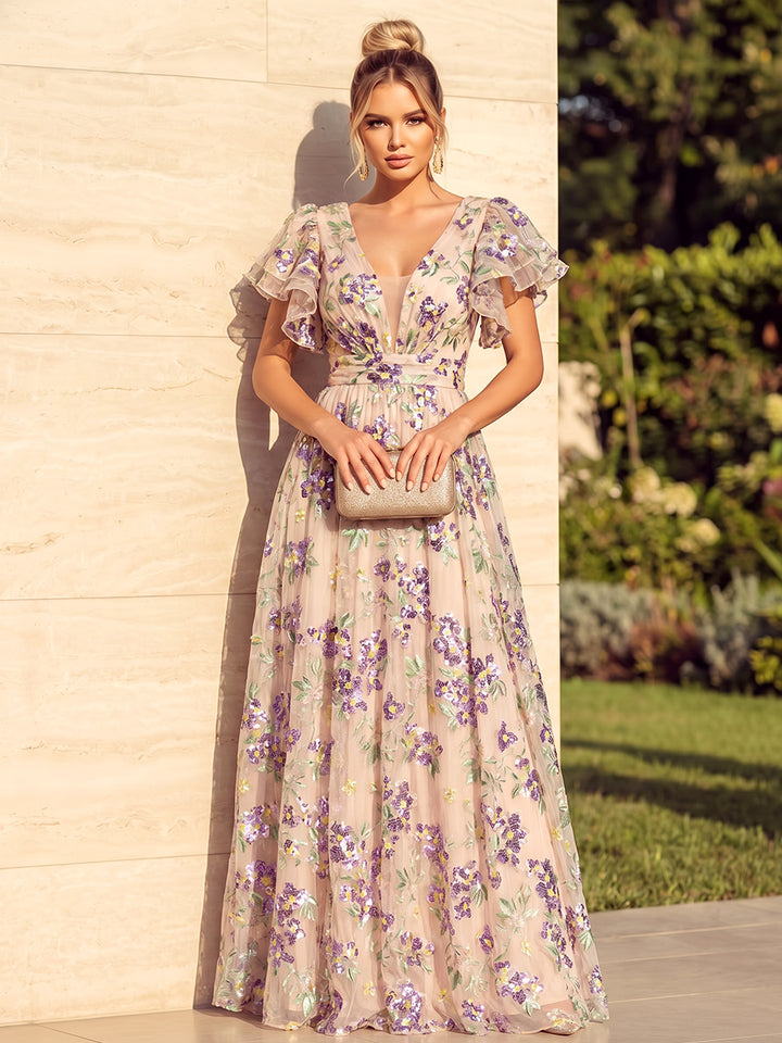 Sequin Floral A Line Ruffles V Neck Ruched Evening Dresses