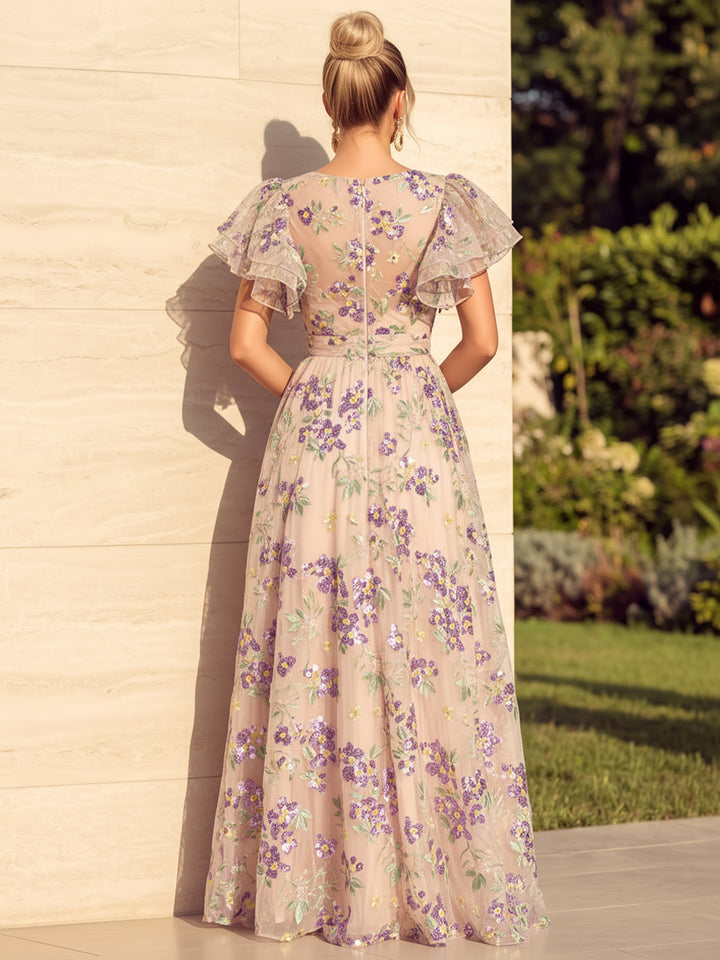 Sequin Floral A Line Ruffles V Neck Ruched Evening Dresses