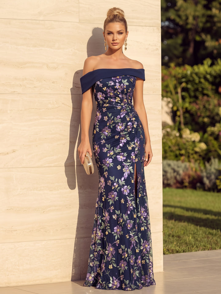 Sequin Floral Mermaid Off the Shoulder Ruched Front Slit Evening Dresses
