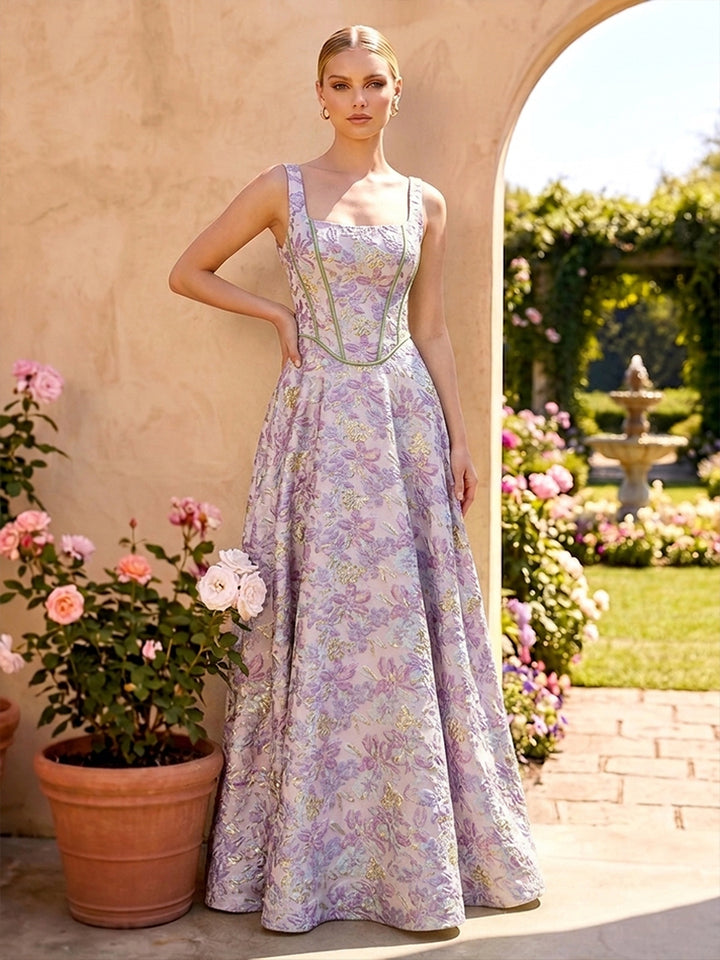 Jacquard A Line Square Neck Ruched Corset Evening Dresses