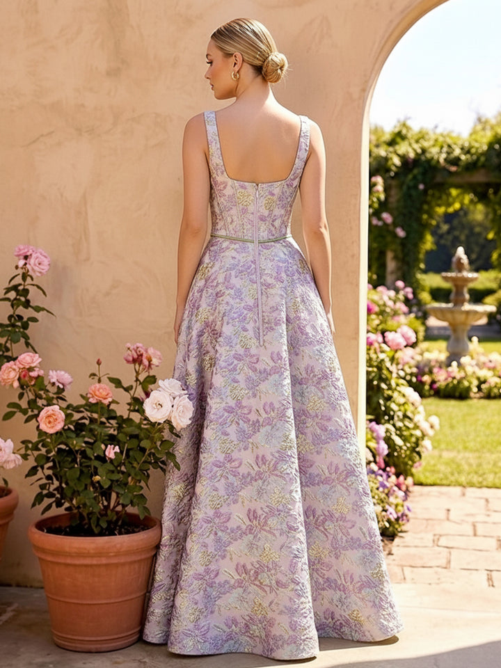 Jacquard A Line Square Neck Ruched Corset Evening Dresses
