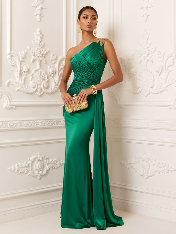 Satin Mermaid One Shoulder Ruched Draped Sash Evening Dresses